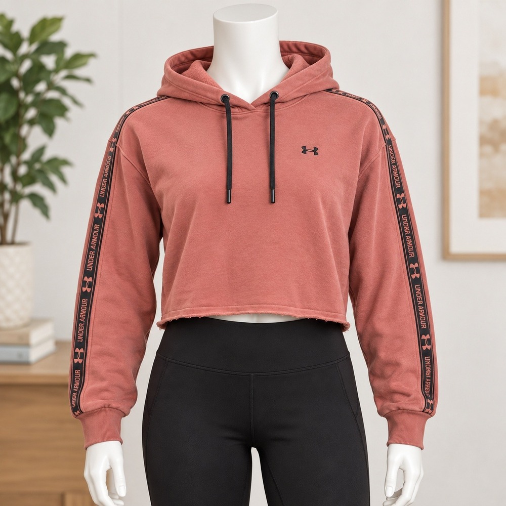 Under Armour Cropped Hoodie Womens Medium Pink Tape Logo Fleece Pullover